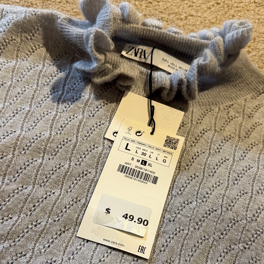 Zara Light Gray Ruffle Knit Top - Picture 3 of 3